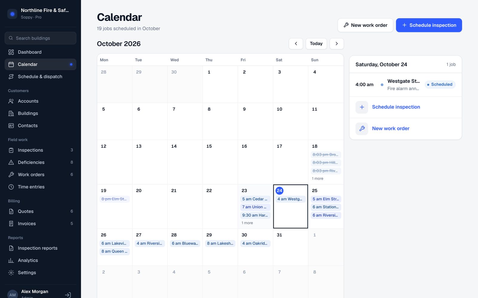 Calendar with scheduled inspections and work orders